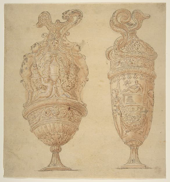 Two Urns Decorated with Human Figures, Animals and Garlands.
