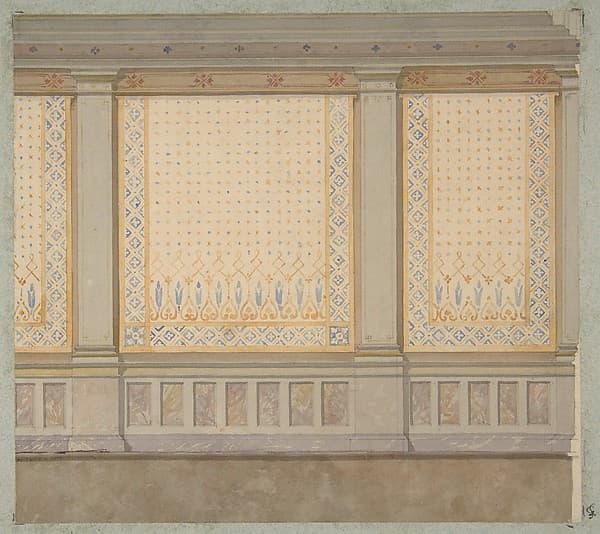 Design for decoration of a wall with painted panels separated by pilasters
