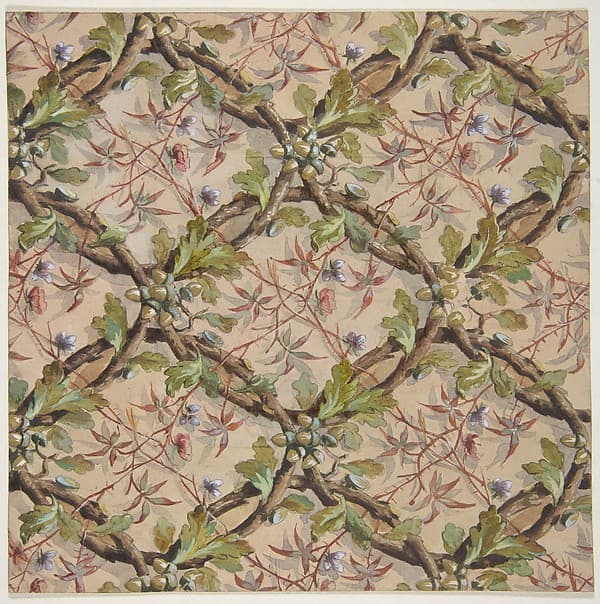 Design for wallpaper featuring oak leaves, acorns, and intertwined twigs