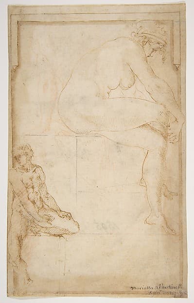 Two Figures in an Architectural Setting: A Female Nude Seated in a Profile View and a Seated Male Nude in a Three-Quarter View with the Left Leg Bent