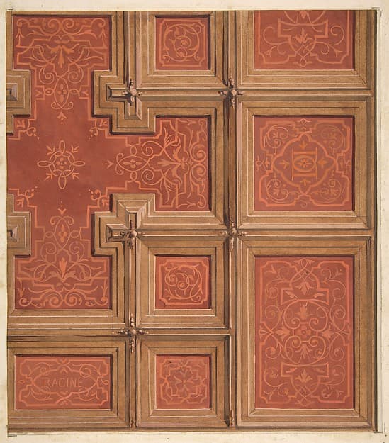 Design for the decoration of a coffered ceiling ornamented with the name "Racine" and entwined letters: DD