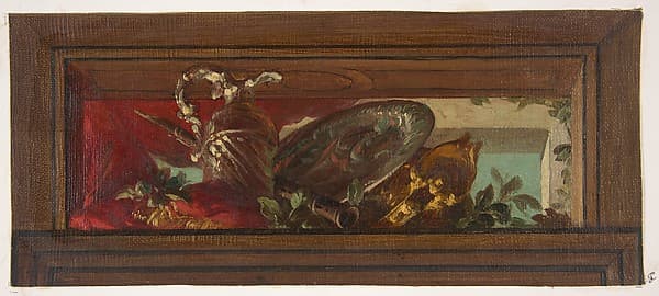 Trompe l'oeil design of ewer and clarinet