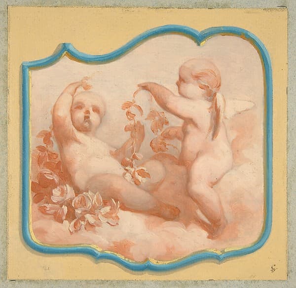 Two putti seated on clouds