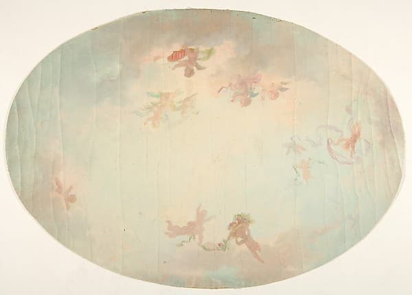 Oval design for a ceiling painted with putti in clouds