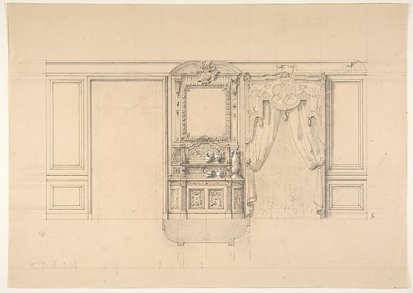 Elevation of a dining room with a carved buffet and window draperies