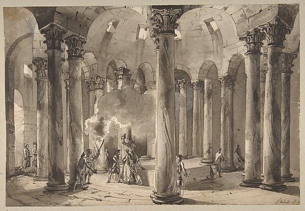 Visitors with Torches Inside a Circular Building