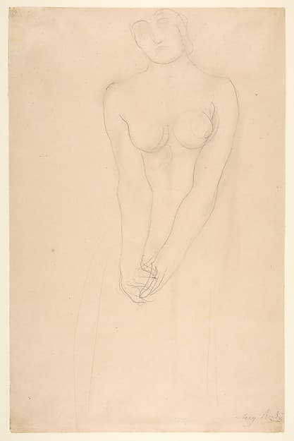 Nude female figure standing with clasped hands