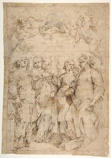 Saint Cecilia, Saint Mary Magdalen, Saint Catherine of Alexandria, and Saint Agnes, Angels with Palm Branches and Crowns Above (recto); Sketches of Three Standing Figures and Arithmetic Calculations (verso)