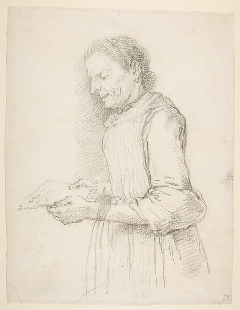 Woman in Half-Length, Profile View Facing Left and Reading a Piece of Paper Signed "Catarina"