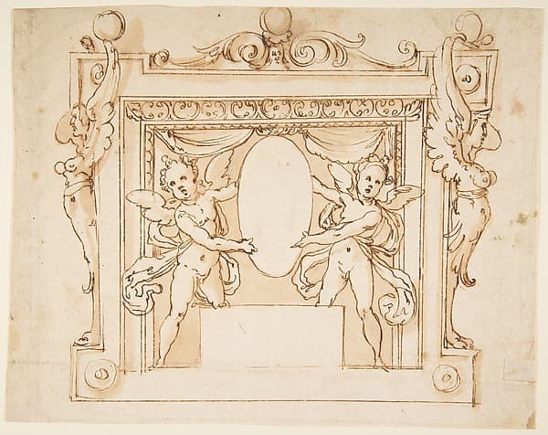 Drawing for a Memorial Tablet: Two Winged Children Holding an Empty Oval in a Frame with Gryphons