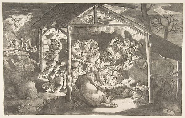 The adoration of the shepherds, various figures at night surround the Christ Child