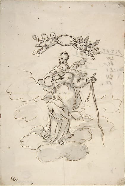 Virgin Standing on Clouds Holding a Scapular in Her Left Hand