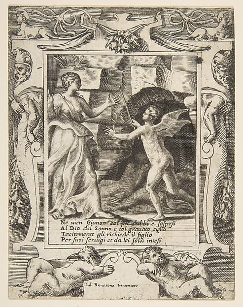 Juno summoning sleep to descend upon Jupiter, set within an elaborate frame, from "Loves, Rages and Jealousies of Juno"