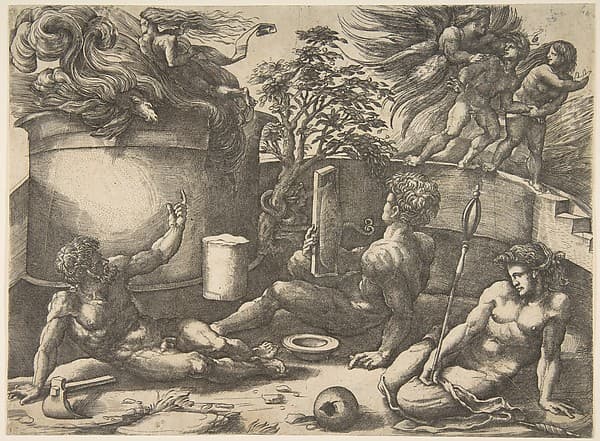 Cain holding a mirror watching his sacrifice engulfed in flames, Adam and Eve seated nearby; in the upper right an angel expelling them from Paradise