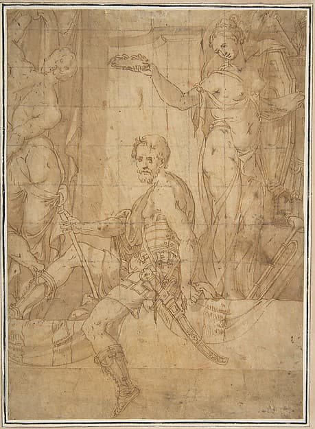 Seated Warrior Between Two Figures