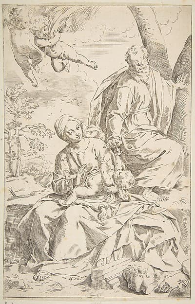 Rest on the flight into Egypt, Mary holding the infant Christ while St. Joseph hands him a fruit