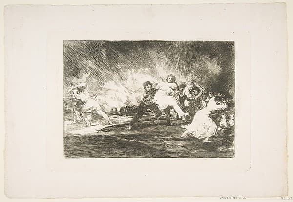 Plate 41 from "The Disasters of War" (Los Desastres de La Guerra): 'They escape through the flames' (Escapan entre las llamas)
