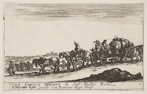 A horse drawn cart carrying people and goods, dead horse in the foreground, plate 1 from "Various Military Caprices" (Varii capricci militari)