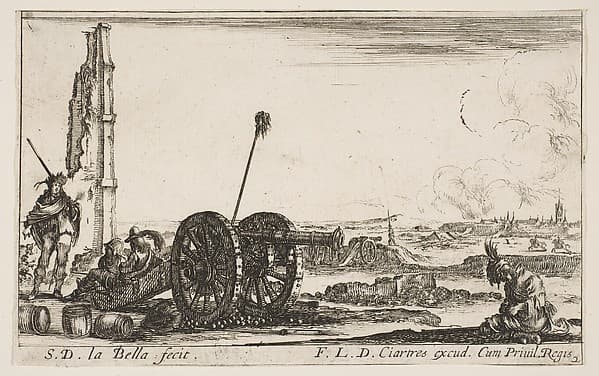 A cannon to the left, a town in the background, plate 2 from "Various Military Caprices" (Varii capricci militari)