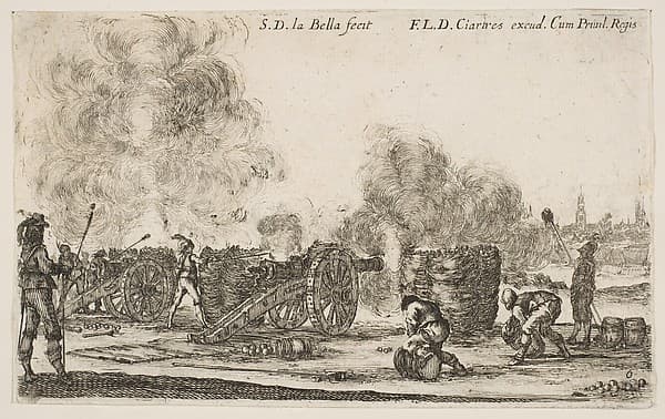 Battery of cannons firing on a city, plate 6 from "Various Military Caprices" (Varii capricci militari)