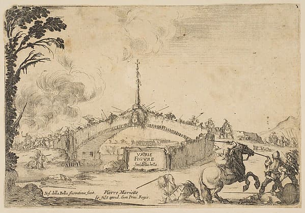 Combat on a bridge, a horseman and two footsoldiers battle with swords at bottom right, one footsoldier on the ground to left of the horseman, various soldiers with swords on the bridge in the background, French coat of arms displayed in center of bridge, title page of "Varie figure"