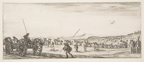A procession of horsemen and cannons in the middle ground walking to the left, a cannon and two men to left, from "Peace and War" (Divers desseins tant pour la paix que pour la guerre)