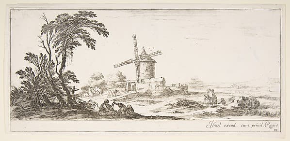 Plate 10: a family in center foreground, various figures and horses in middleground, a windmill in center background, from 'Various landscapes' (Divers paysages)