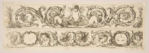 Two Acanthus Friezes: Cupid Subduing Two Lions; Heads of Four Seasons, plate 14 from "Decorative friezes and foliage" (Ornamenti di fregi e fogliami)