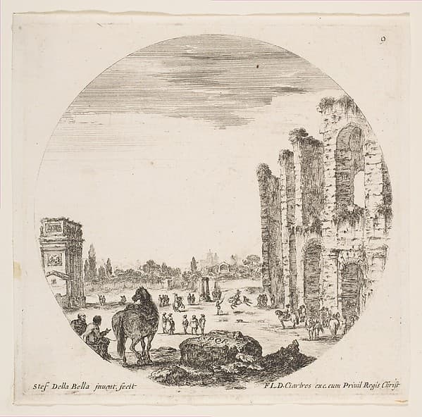 The Arch of Constantine at left, part of the Colosseum at right, various horses and figures in foreground and background, plate 9 from "Roman landscapes and ruins" (Paysages et ruines de Rome)