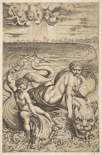 Venus and Cupid riding two sea monsters, Cupid raises an arrow in his right hand, two heads representing wind in the clouds above