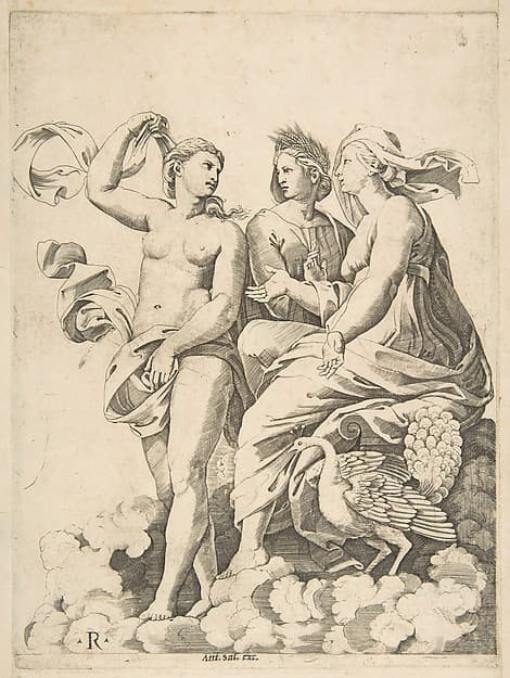 Juno, Ceres, and Psyche in the clouds conversing, Juno seated with a peacock at her feet, Ceres wearing a garland of wheat and Psyche partially naked and holding a cloth