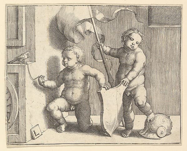 Two Nude Children Supporting a Blank Shield