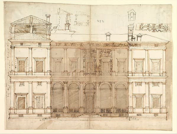 Villa of Agostino Chigi (La Farnesina), Rome, north façade, with ornamental detailing (recto); Villa of Agostino Chigi (La Farnesina), Rome, plan and moulding profiles (verso)