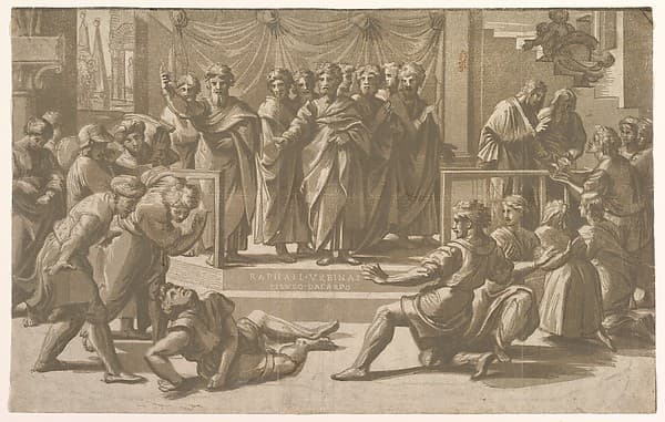 The death of Ananias, surrounded by Apostles