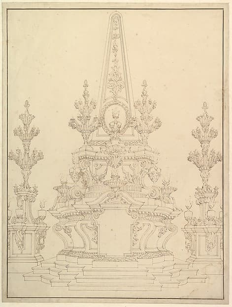 Elevation of a Catafalque: Two Pedestals with Candelabra at Sides; with Central Obelisk Surrounded by Candelabra.Verso: Sketch of architecture: archway and corner with pillars.