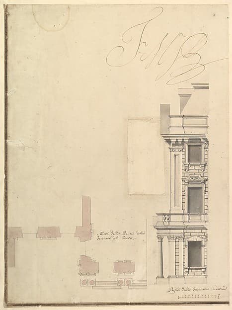 Views of a Theater (Bayreuth): Profile View of Facade and Half of the Plan