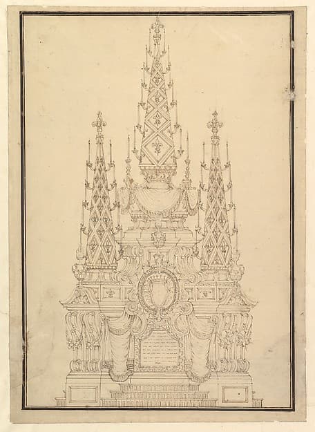 Elevation of a Catafalque, Three Obelisks with Fluer-de-lys and Candles, Dated on Plaque at Bottom 1733.
