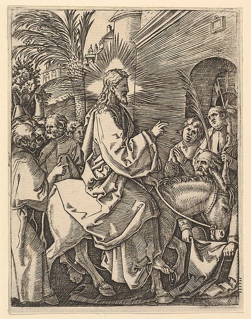 The Entry into Jerusalem; Christ riding on a donkey towards an arched city gate; an elderly man spreads out his cloak on the road, after Dürer
