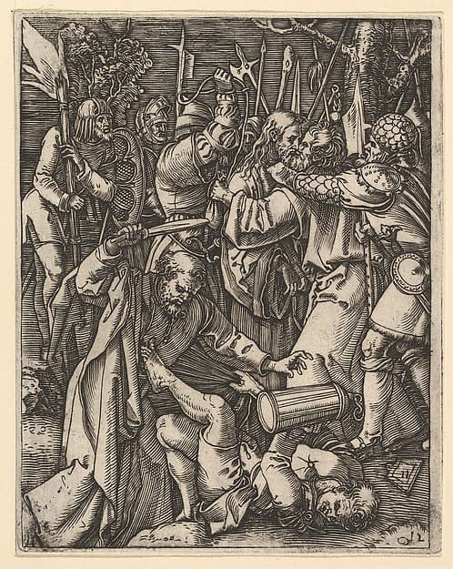 Judas kissing Christ surrounded by soldiers; St Peter attacking Malchus in foreground, after Dürer