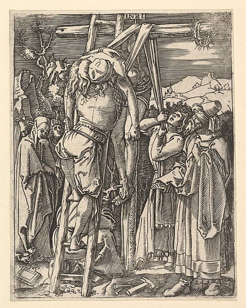 The Descent from the Cross; Christ being taken from the cross, St John supports weight with cloth rope, after Dürer