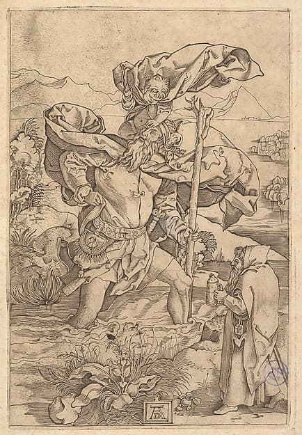 Saint Christopher crossing the river with Christ in the form of a putto on his shoulders and a hermit in the foreground
