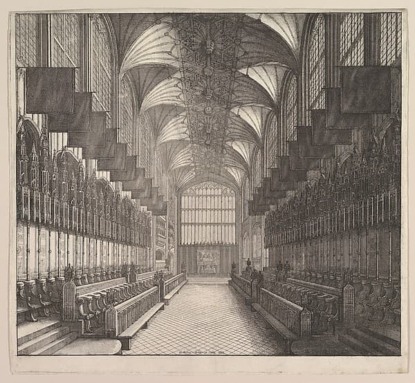 Windsor Castle, St. George's Chapel: Prospect of the Choir, from the West (from Elias Ashmole's "The Order of the Garter," 1672)