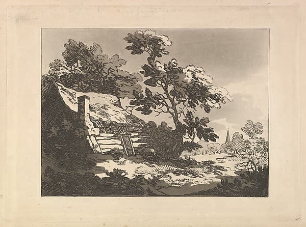 Landscape with Cottage Among Trees at Left, and a Distant Church Spire at Right