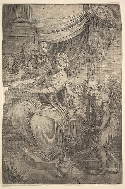 The Holy Family, an angel holding flowers approaching from the right