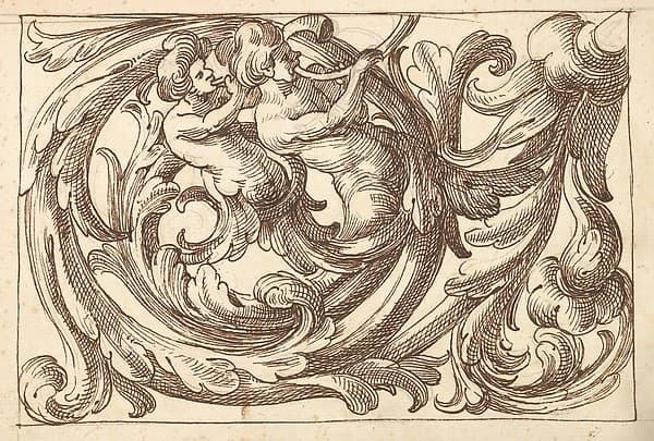 Horizontal Panel Design with Two Male Figures Playing Horns Interspersed between Acanthus Rinceaux