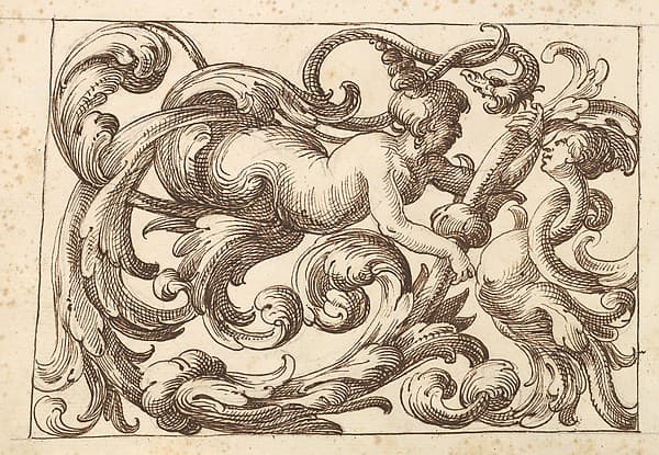 Horizontal Panel Design with a Man, a Snake and a Female Fantastical Creatures Interspersed between Acanthus Rinceaux