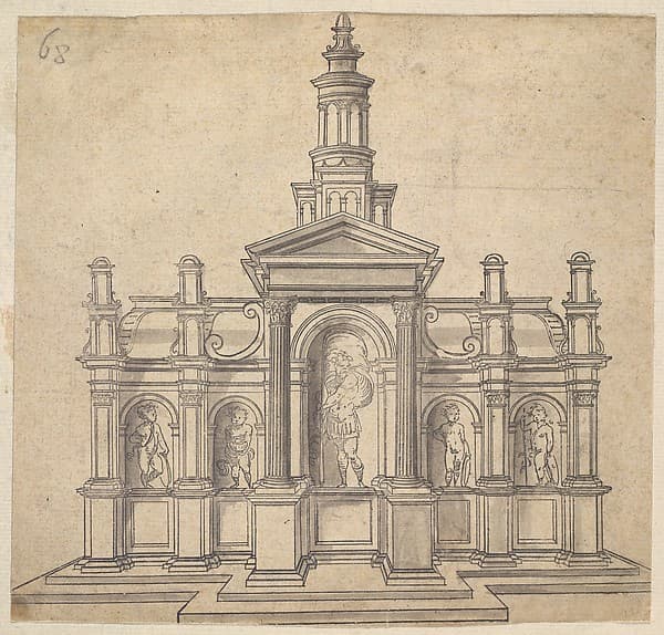 Architecturally-Shaped Tabernacle with a Saint and Four Putti