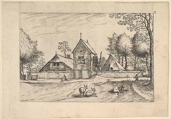 Farmstead, cows and herdsman in the foreground from Praediorum villarum et rusticarum casularum icones elenoantissimae ad vivum in apre deformatae