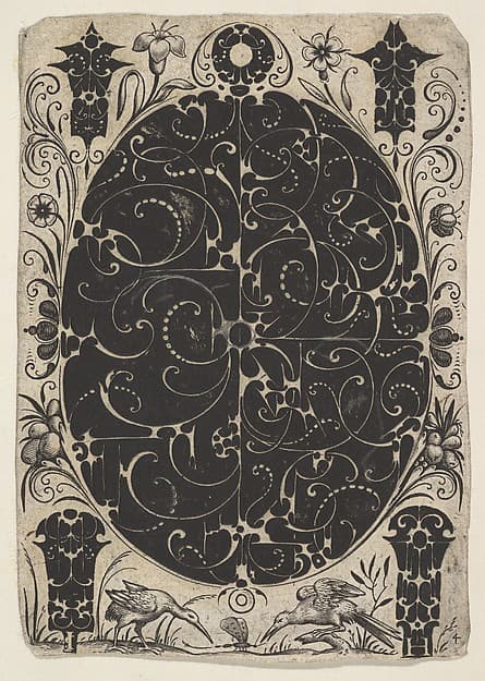 Oval Case Decorated with Schweifwerk in Two Variants, Surrounded by Smaller Motifs, Flowers and Two Birds Below