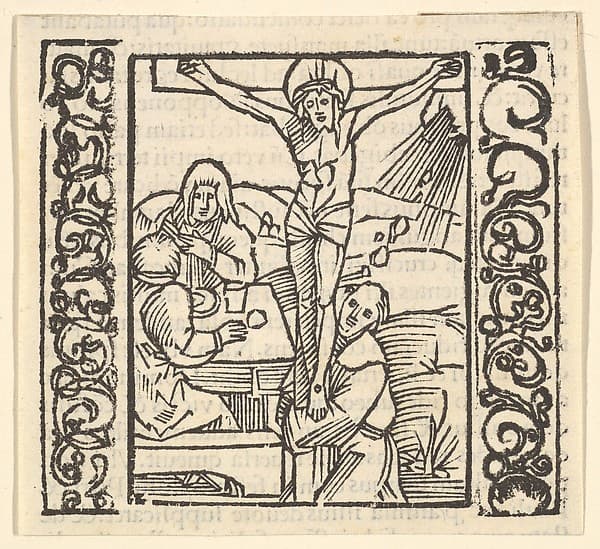 Crucifixion by a table, illustration from Speculum Passionis, 1507